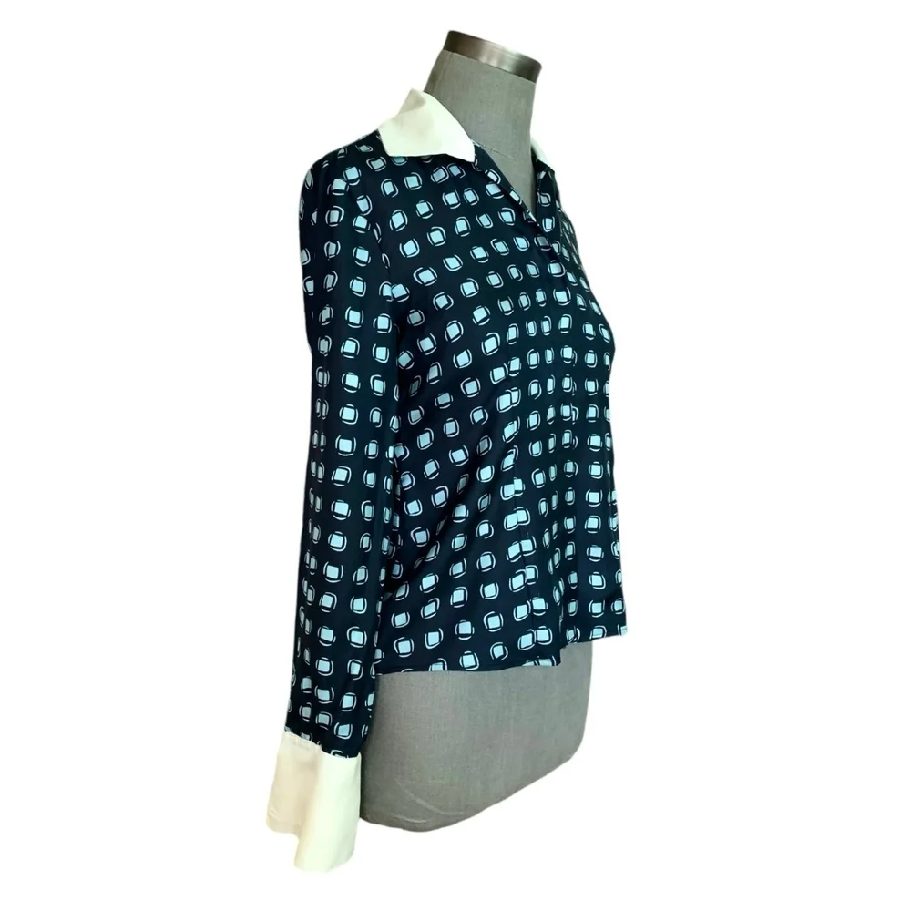 Women Shirt JONES NEWYORK Black Blue Geometric Print Silk Blouse Long Sleeve Top - Picture 4 of 7